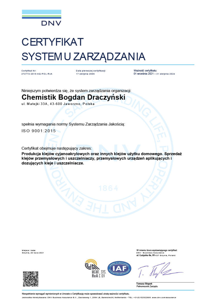 Certyfikat Systemu Zarządzania ISO 9001:2015